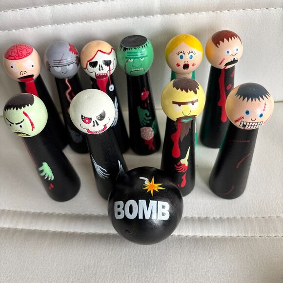 Front Porch Classics Tabletop BOWLING ZOMBIES Real Wooden Pins & Ball Game - Picture 3 of 8